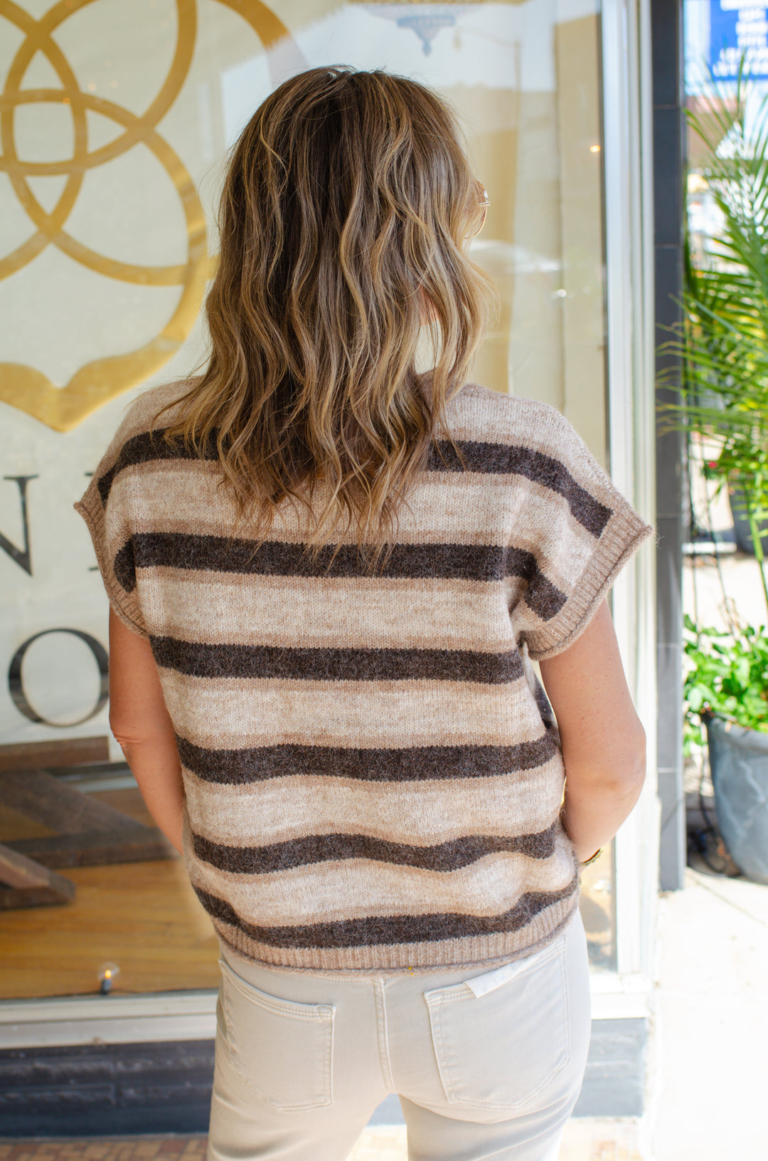 Dreams Come True Short Sleeve Stripe Sweater Top in Brown Mix