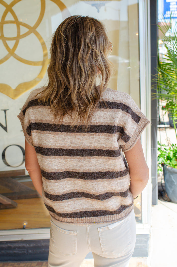 Dreams Come True Short Sleeve Stripe Sweater Top in Brown Mix