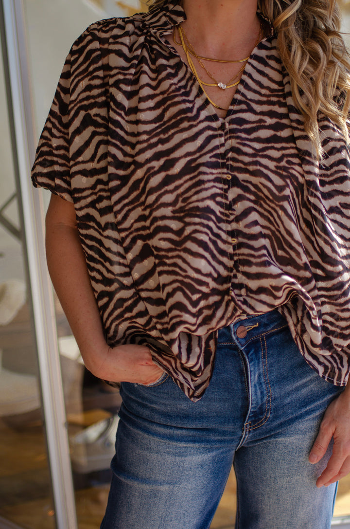 Into The Wild Abstract Zebra Printed Sheer Blouse