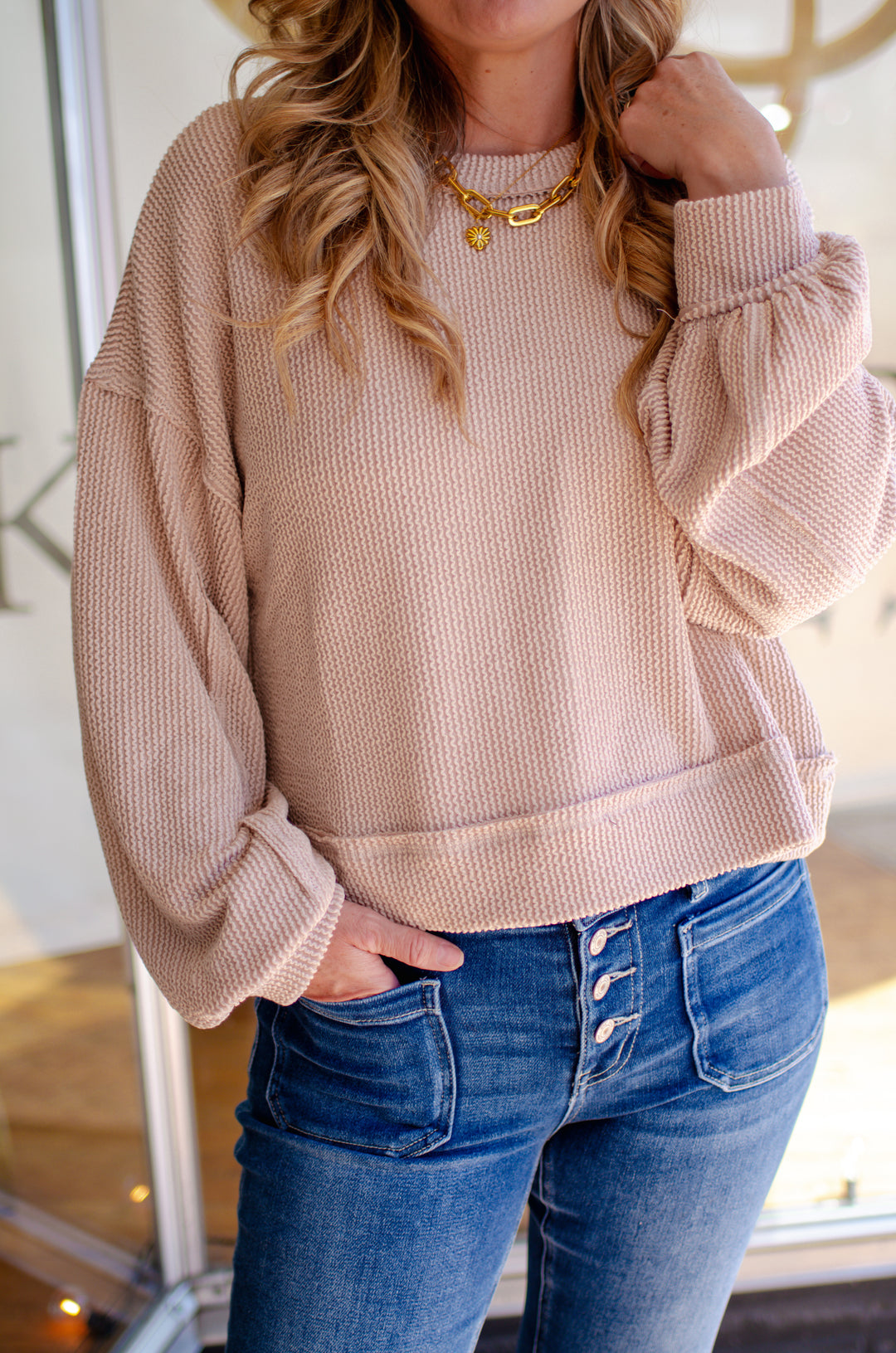 Autumn Moments Two Toned Soft Knit Top in Oatmeal