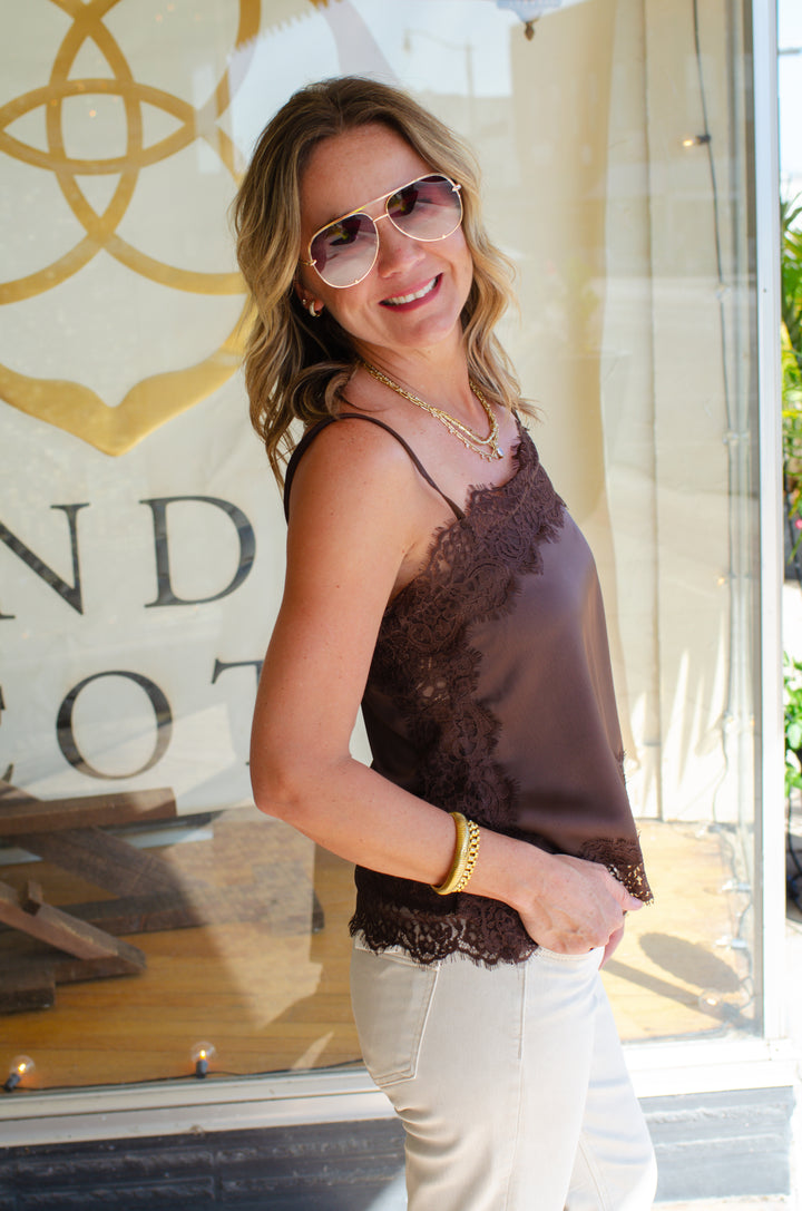 Day Date Satin Camisole Lace Trim Top  in Chocolate