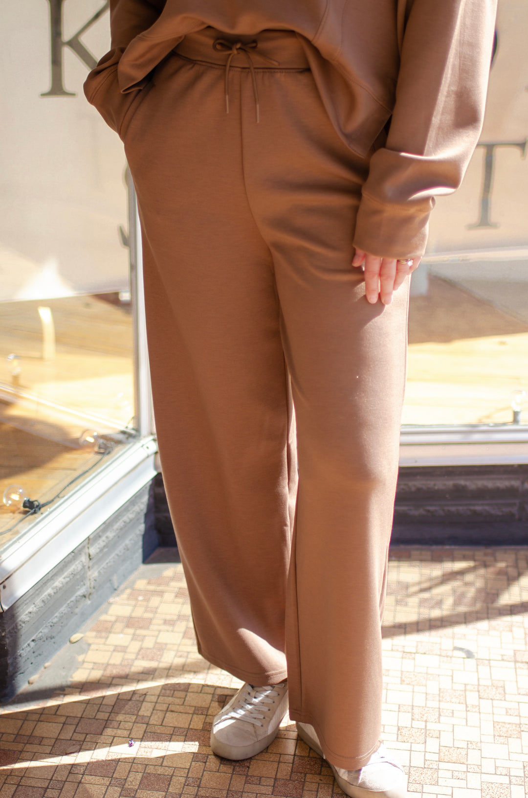 In Our Moment Butter Soft Drawstring Wide Leg Lounge Pant In Mocha