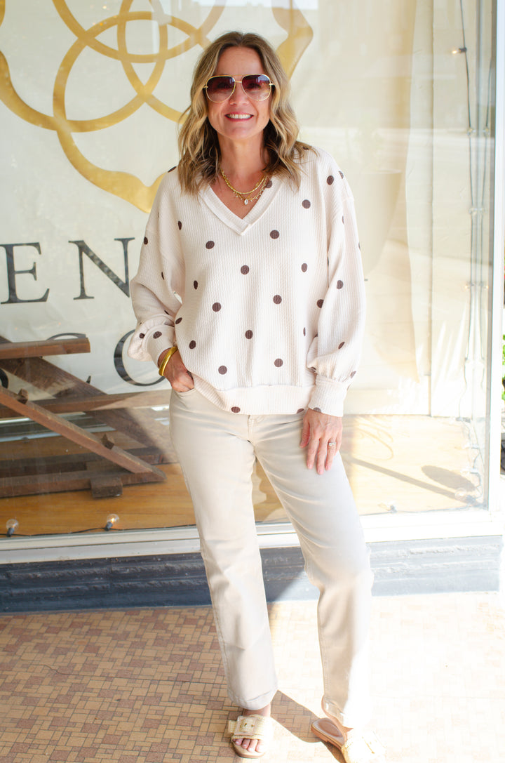 Take Your Time Polka Dot V-Neck Textured Knit Top