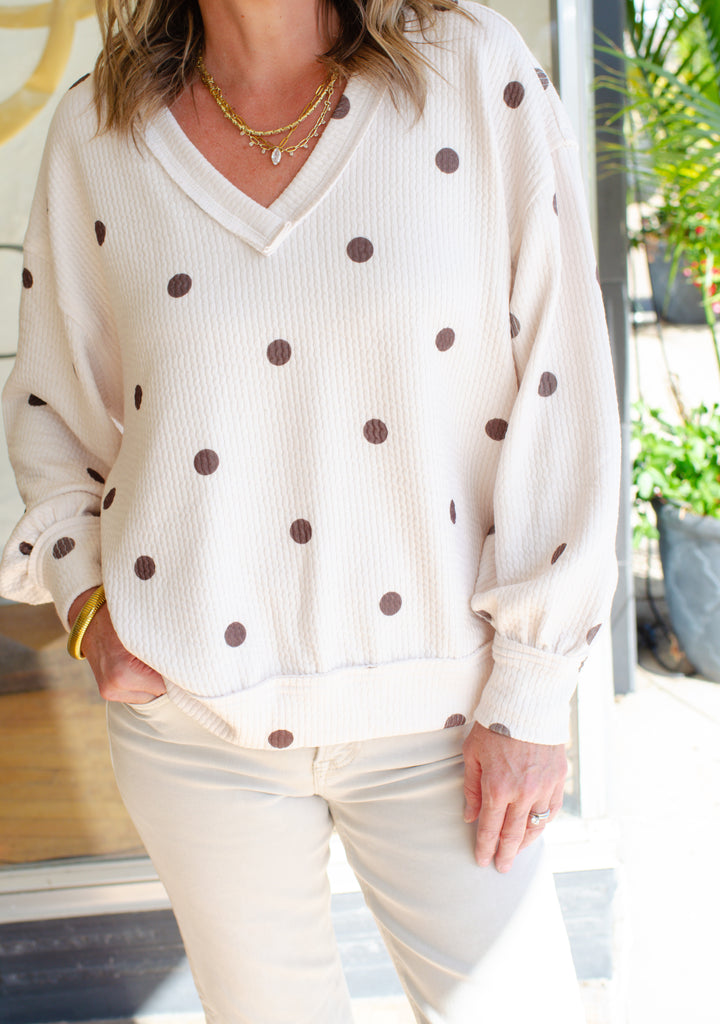 Take Your Time Polka Dot V-Neck Textured Knit Top
