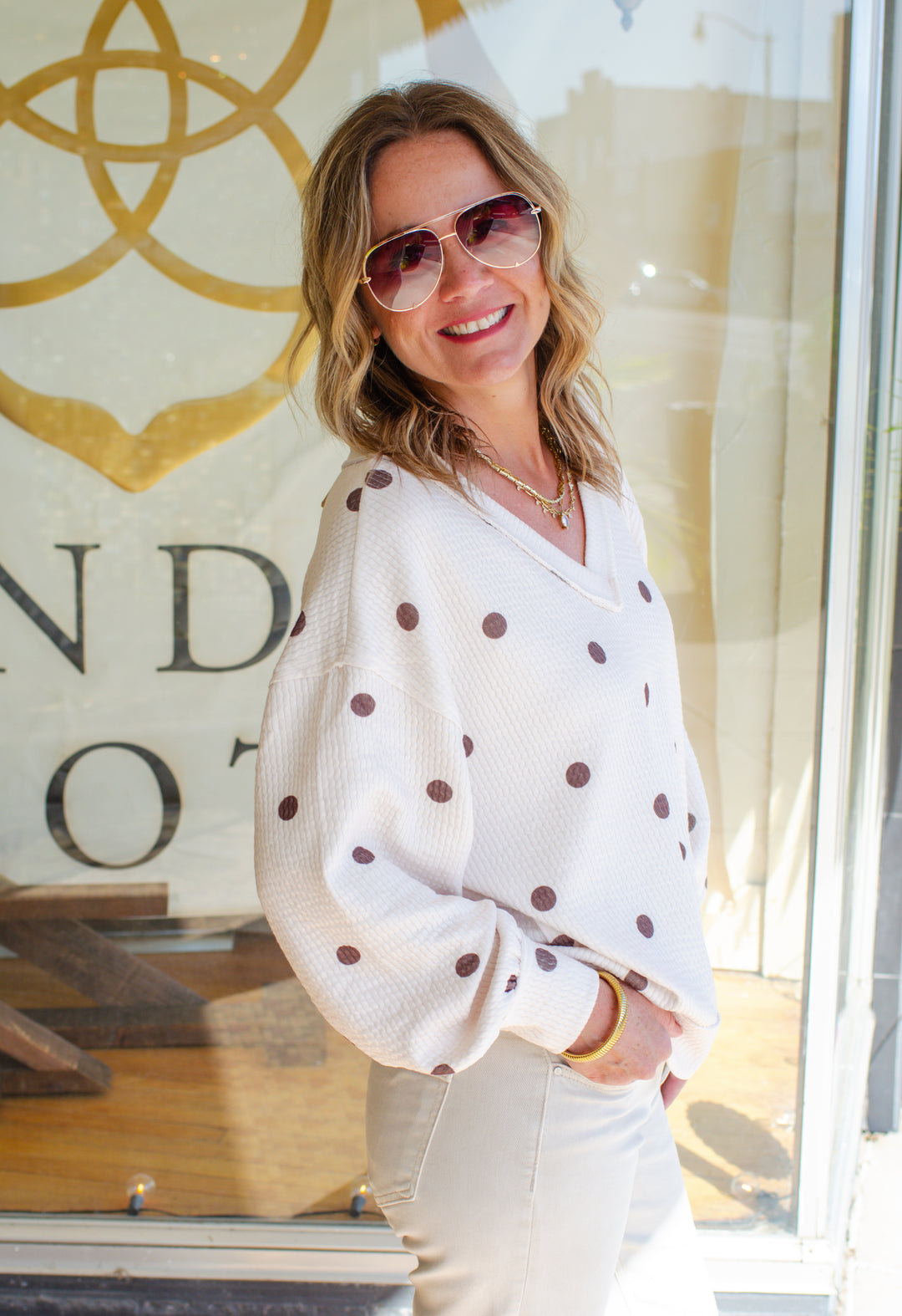 Take Your Time Polka Dot V-Neck Textured Knit Top