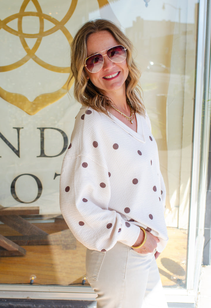 Take Your Time Polka Dot V-Neck Textured Knit Top