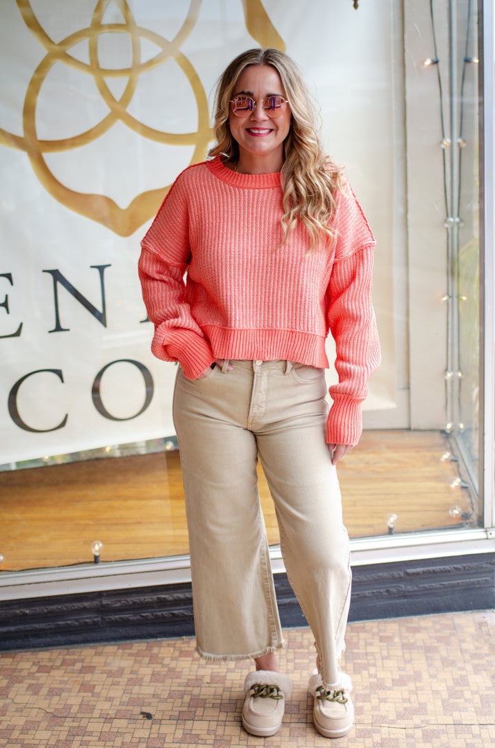 Beacon Of Fun Two Tone Ribbed Sweater Top in Orange