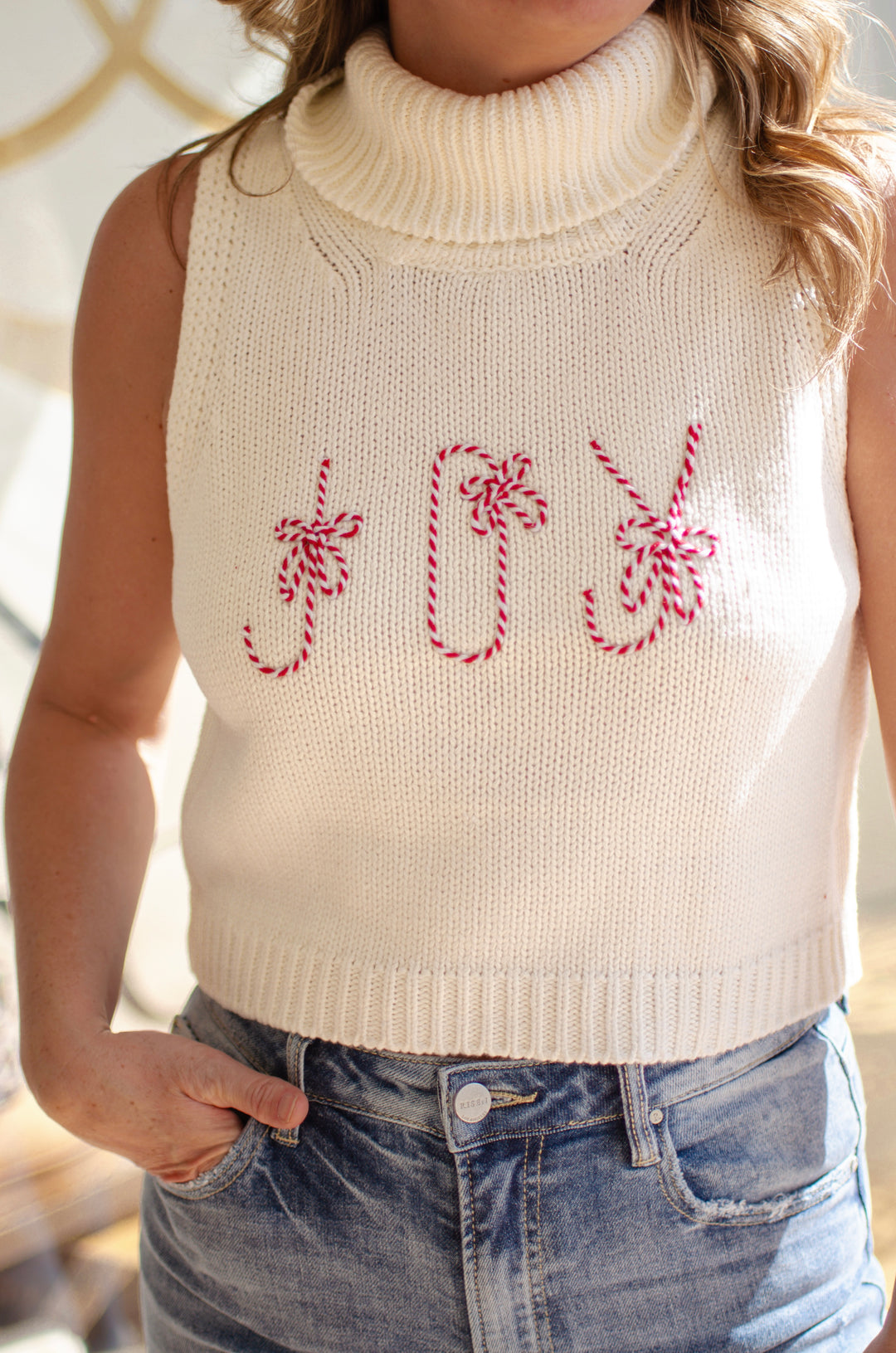 Joy Novelty Knit Turtle Neckline Cropped Sweater in White