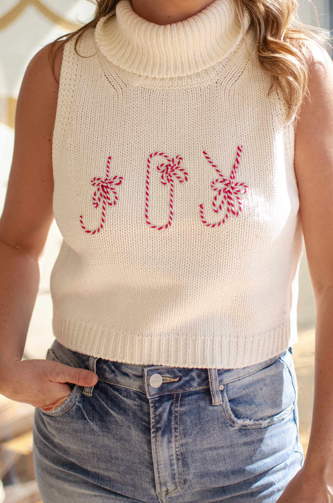 Joy Novelty Knit Turtle Neckline Cropped Sweater in White