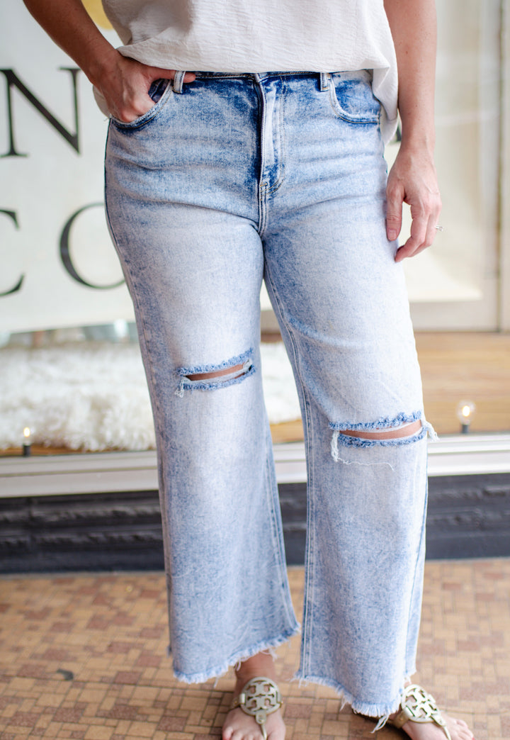 Risen High Rise Frayed Ankle Wide Jeans in Light Wash