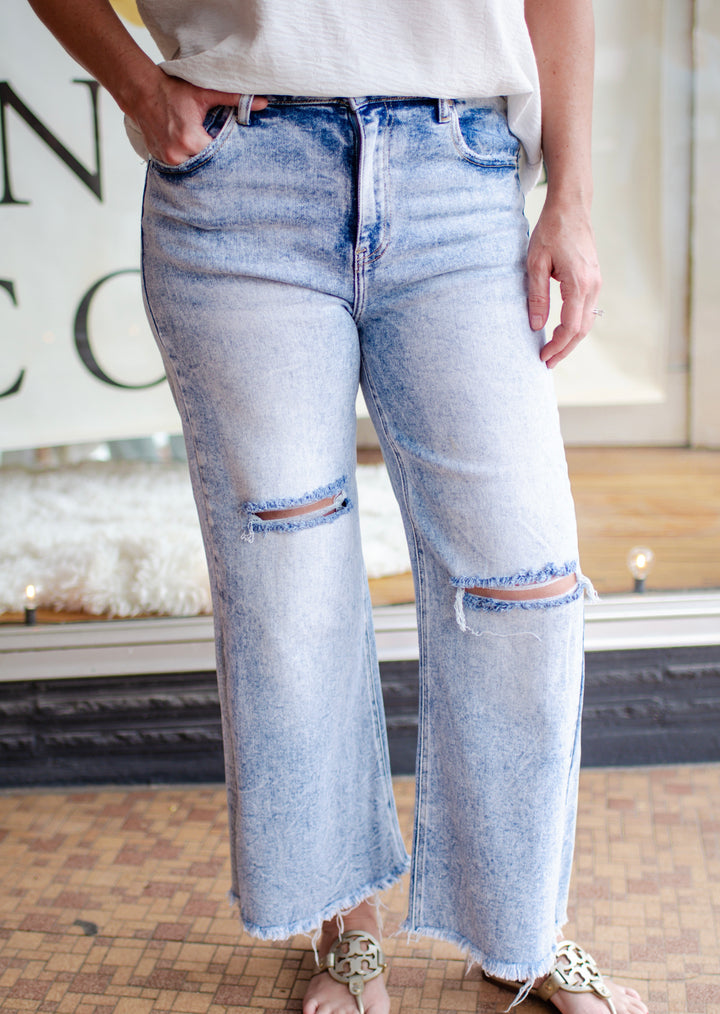 Risen High Rise Frayed Ankle Wide Jeans in Light Wash