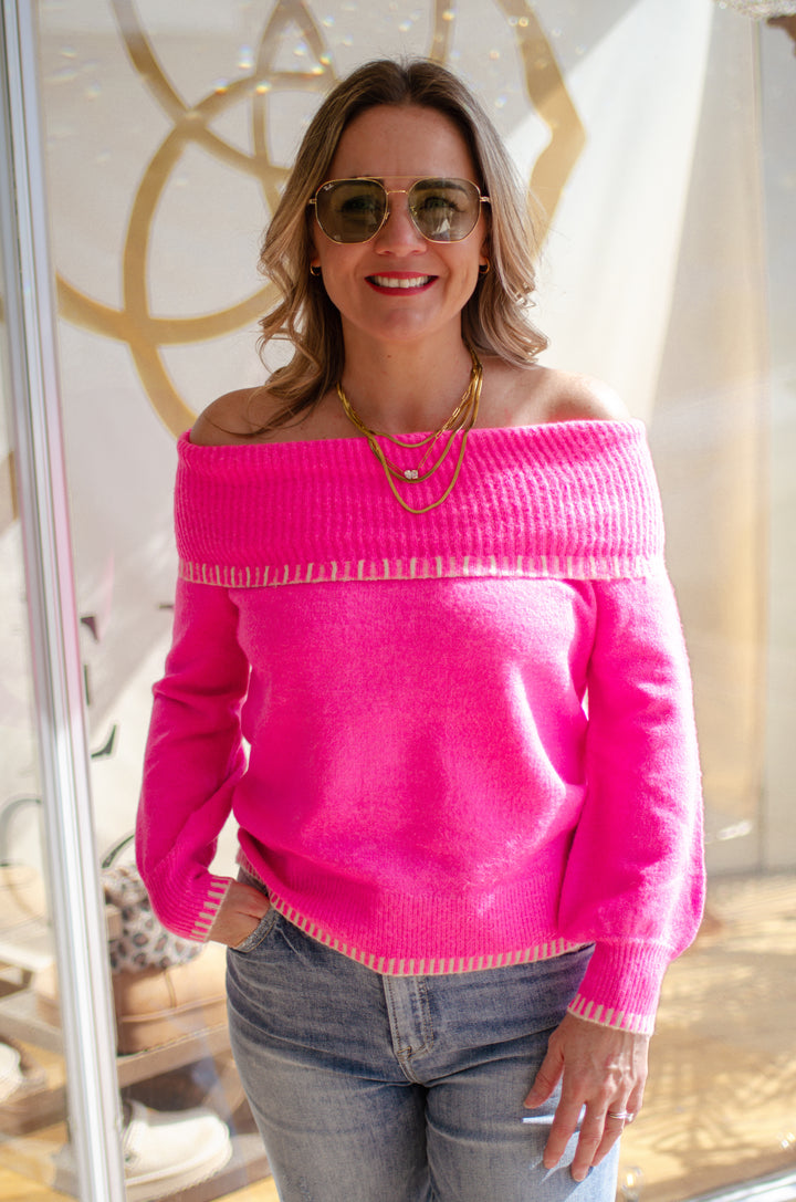 Counting Stars Hot Pink Knit Off The Shoulder Sweater