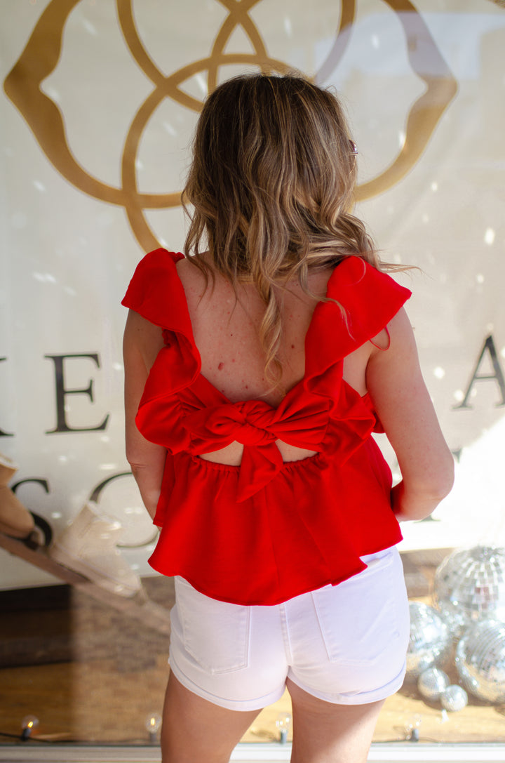 Just Darling Ruffle Sleeve &amp; Tie Back Peplum Top in Red