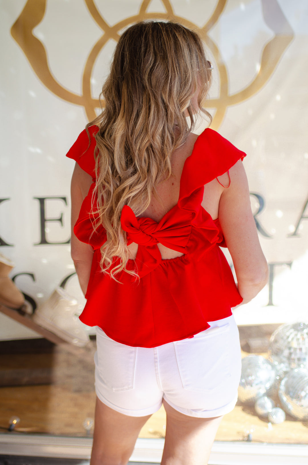 Just Darling Ruffle Sleeve &amp; Tie Back Peplum Top in Red