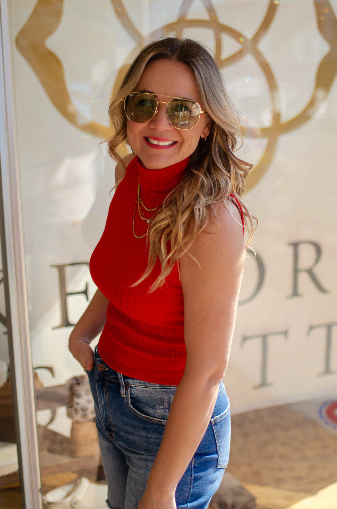 Pure Class Sleeveless Ribbed Mock Neckline Top in Red