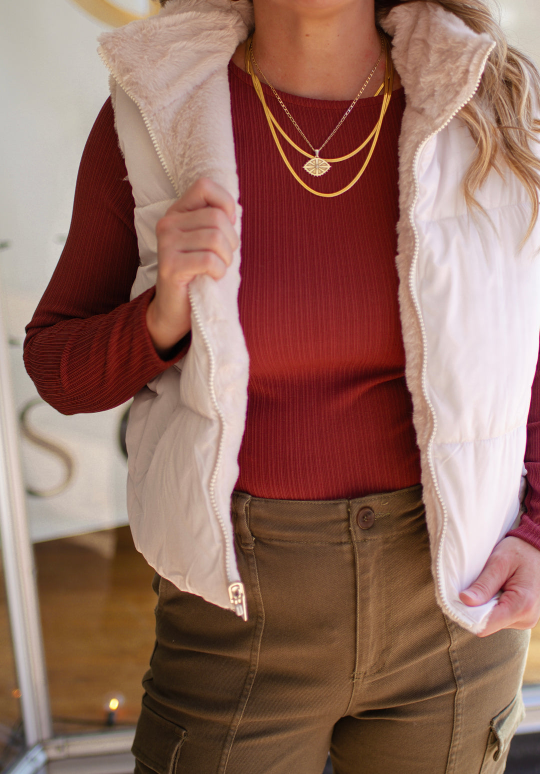 Into The Alps Faux Fur Quilted Reversible Vest in Cream