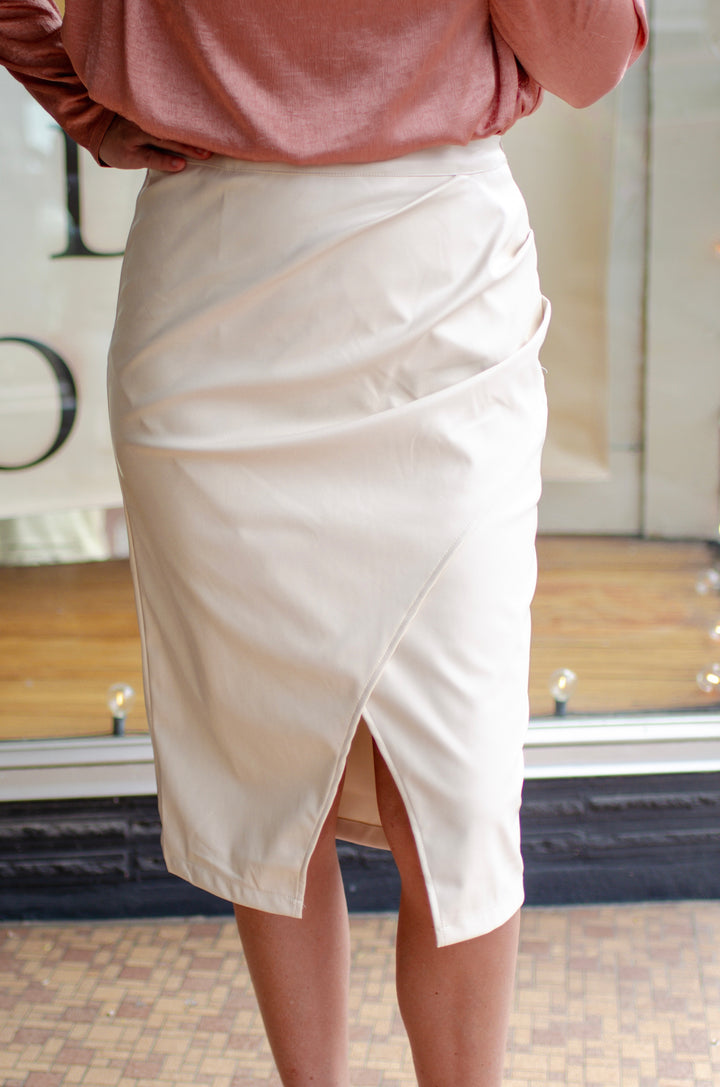 Wrapped in Style Midi Faux Leather Skirt in Ivory