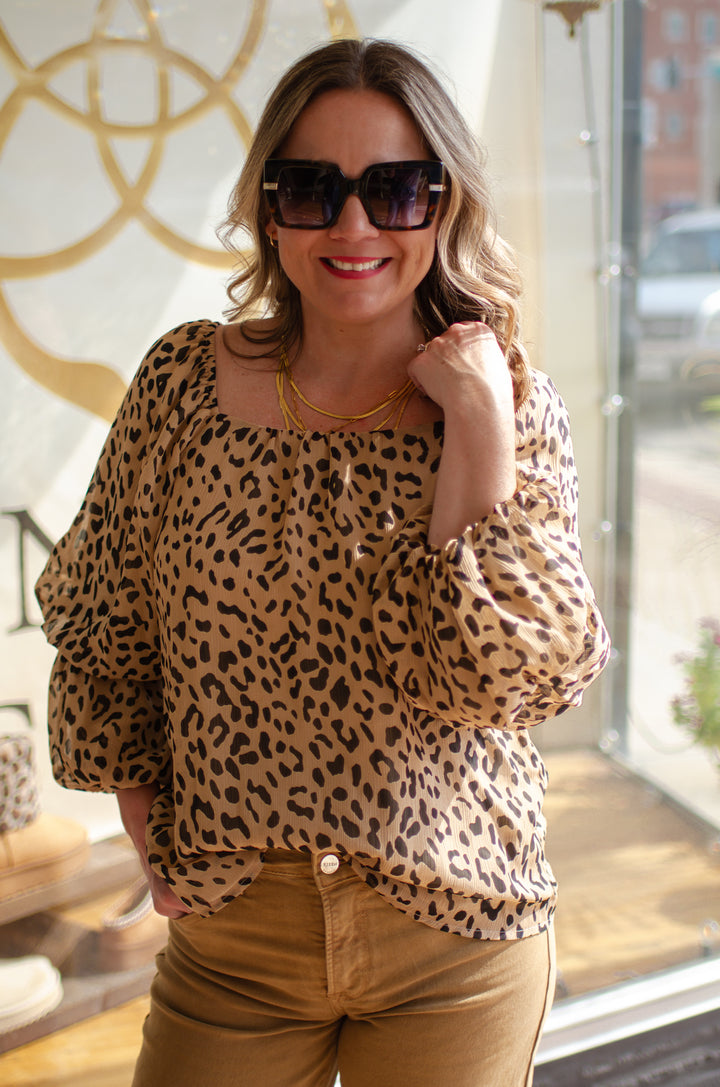 Lovin' On Me Leopard Peasant Sleeve Blouse