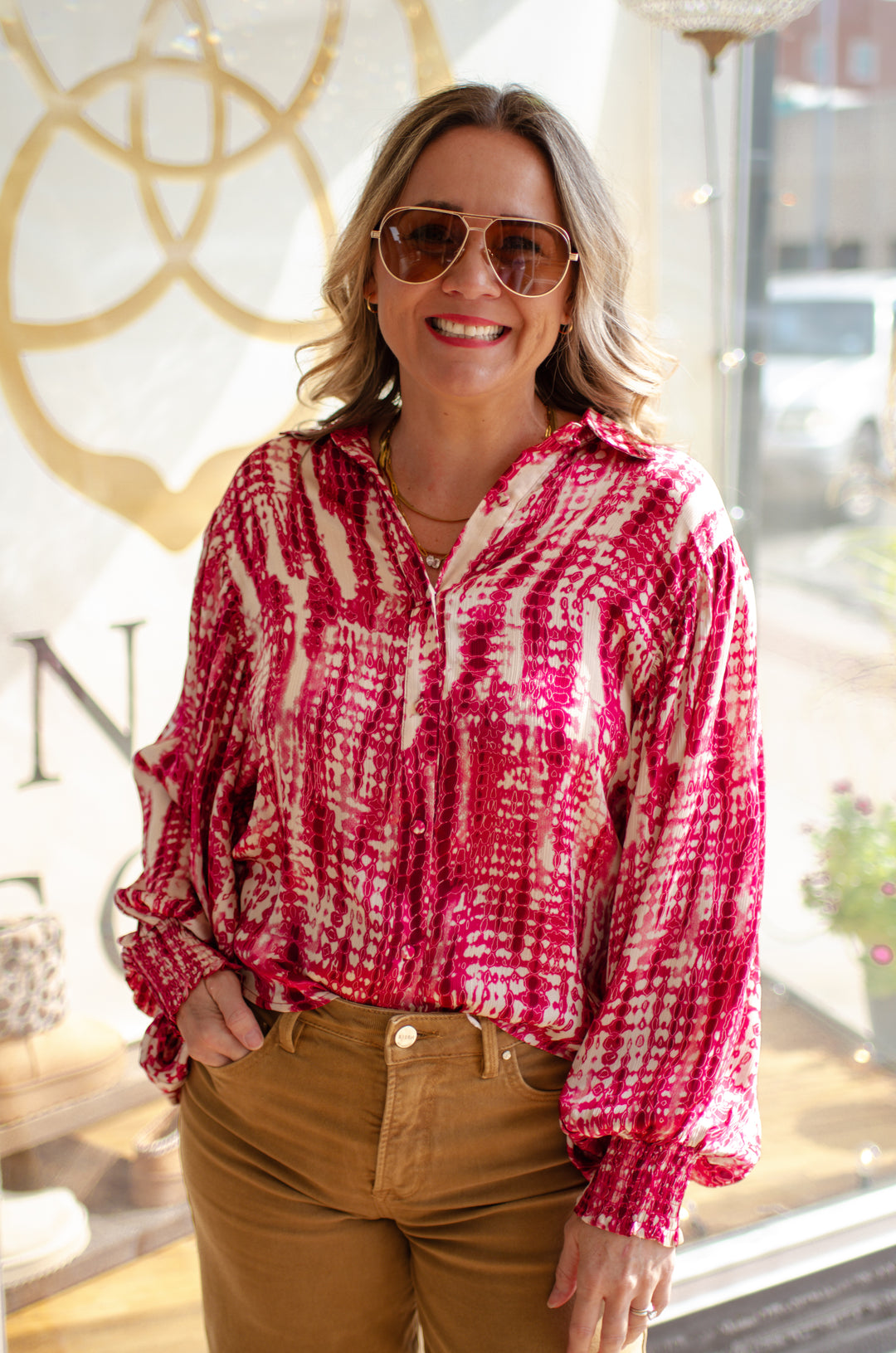 Unforgettable Printed Bubble Sleeve Top in Cranberry