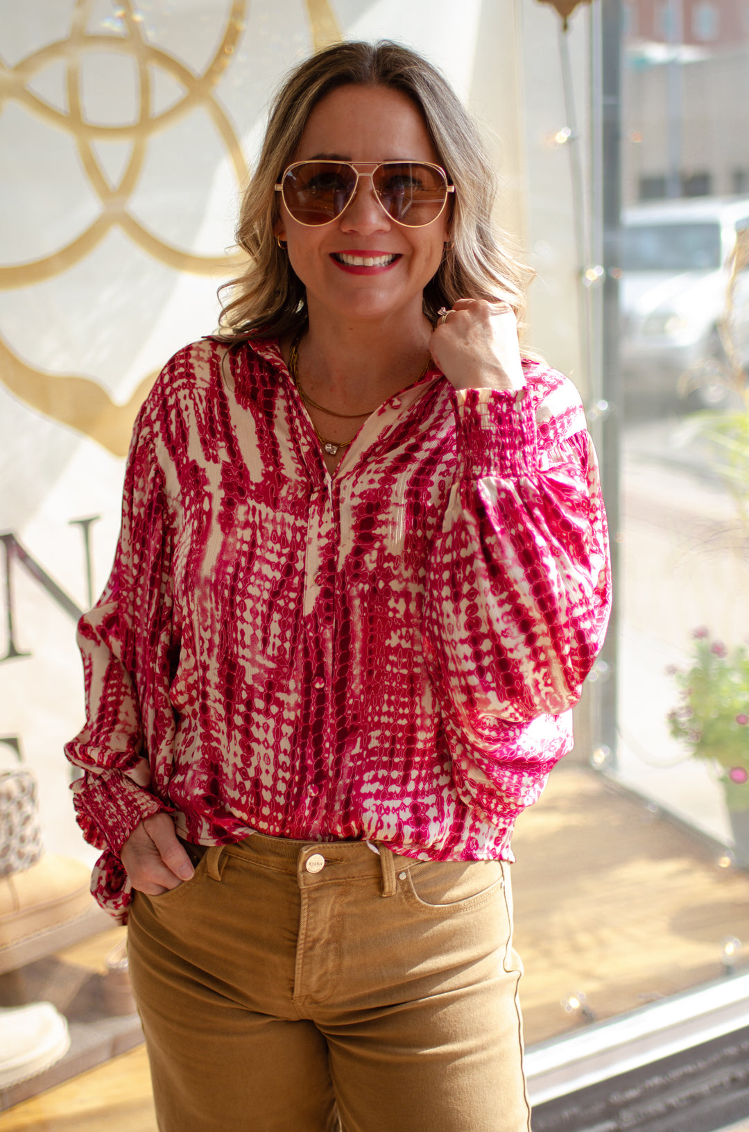 Unforgettable Printed Bubble Sleeve Top in Cranberry