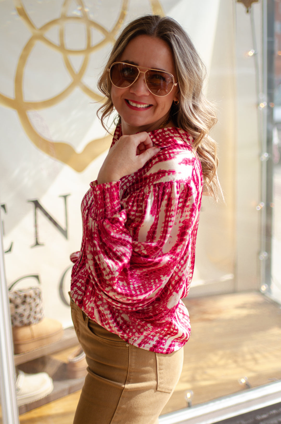 Unforgettable Printed Bubble Sleeve Top in Cranberry