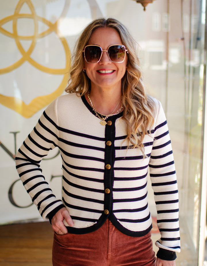 Sophisticated Style Stripe Round Neck Button Down Cardigan Sweater in Cream