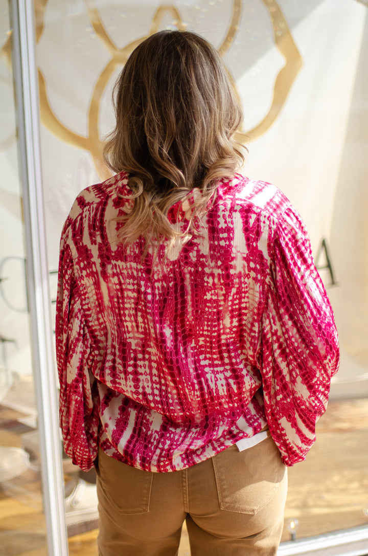 Unforgettable Printed Bubble Sleeve Top in Cranberry