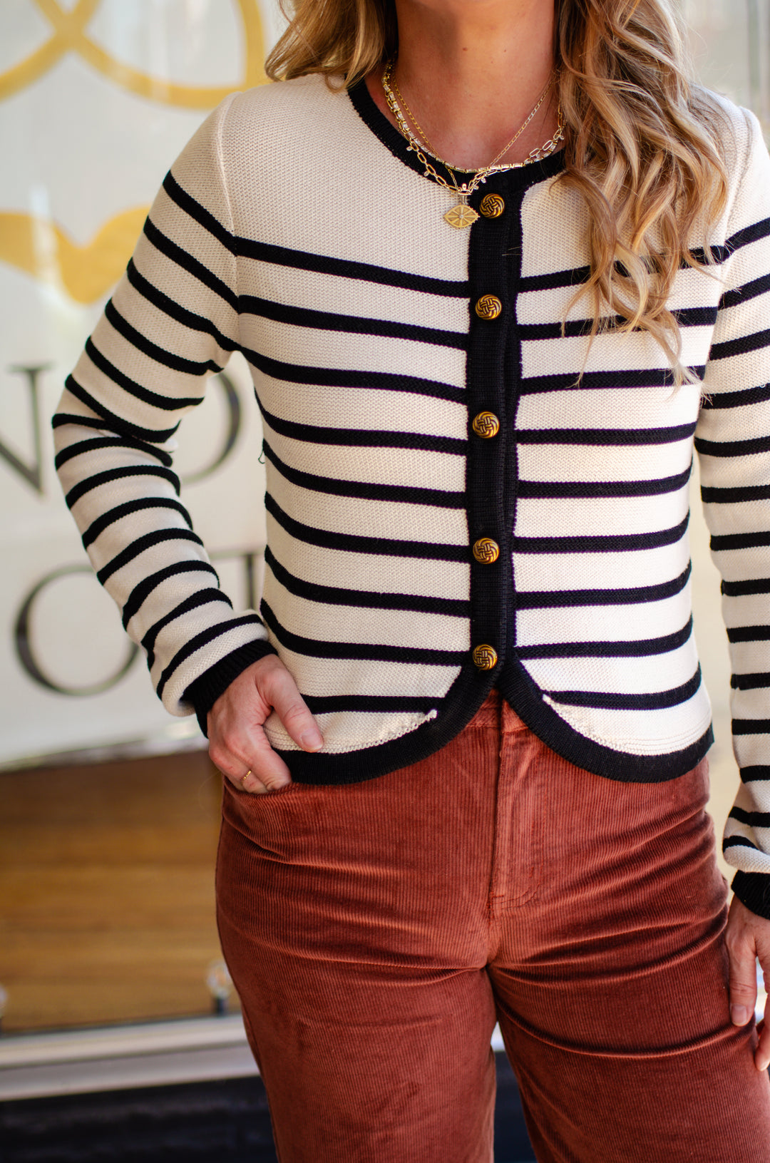 Sophisticated Style Stripe Round Neck Button Down Cardigan Sweater in Cream