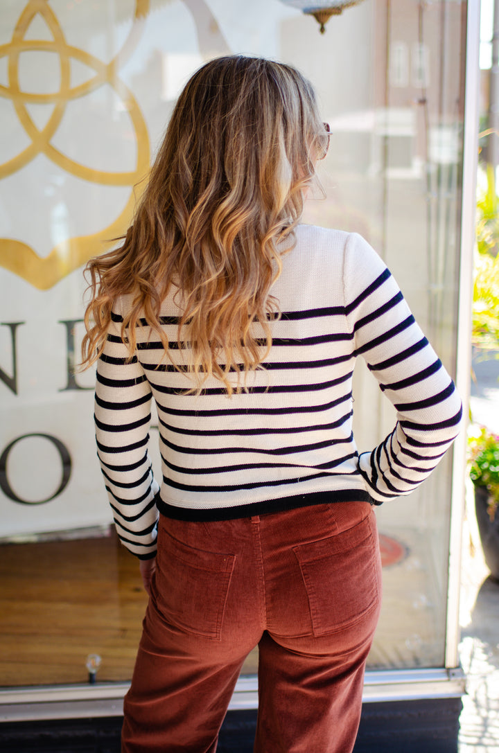 Sophisticated Style Stripe Round Neck Button Down Cardigan Sweater in Cream