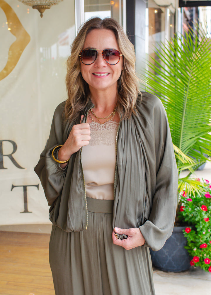 Chic Moments Satin Bubble Hem Jacket in Olive