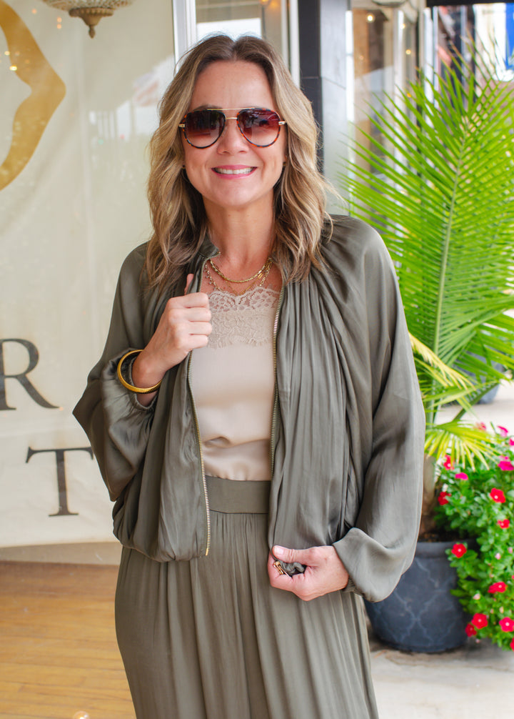 Chic Moments Satin Bubble Hem Jacket in Olive