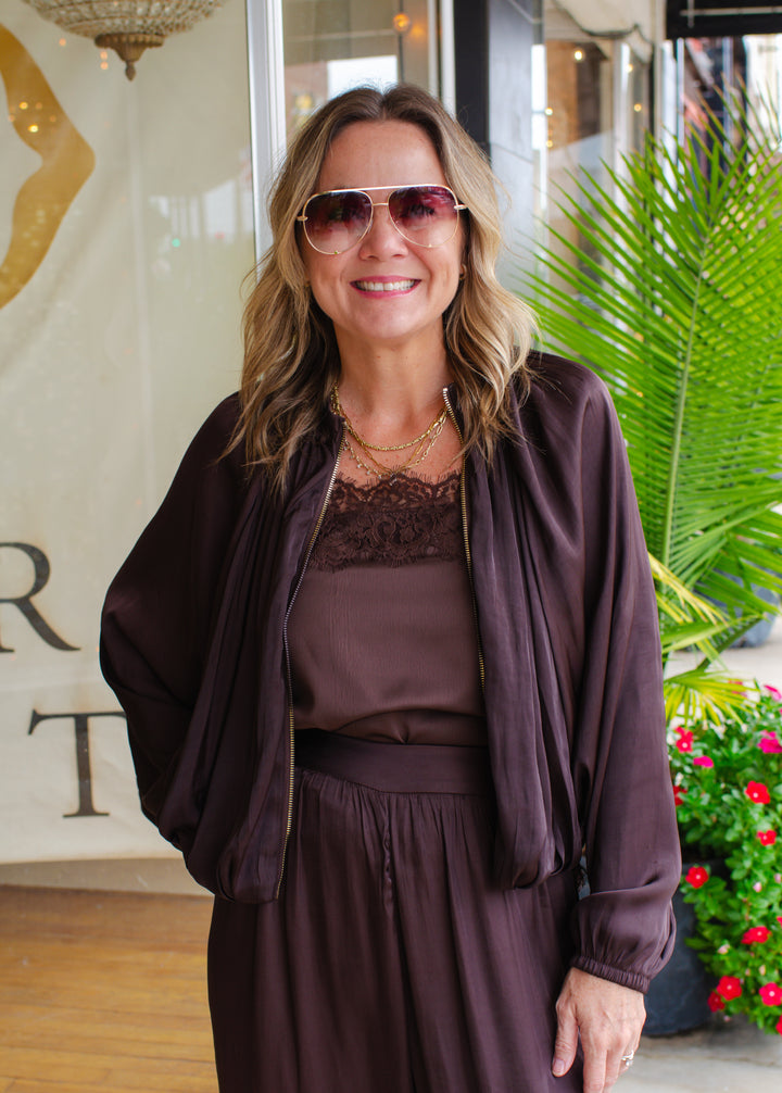 Chic Moments Satin Bubble Hem Jacket in Chocolate Brown