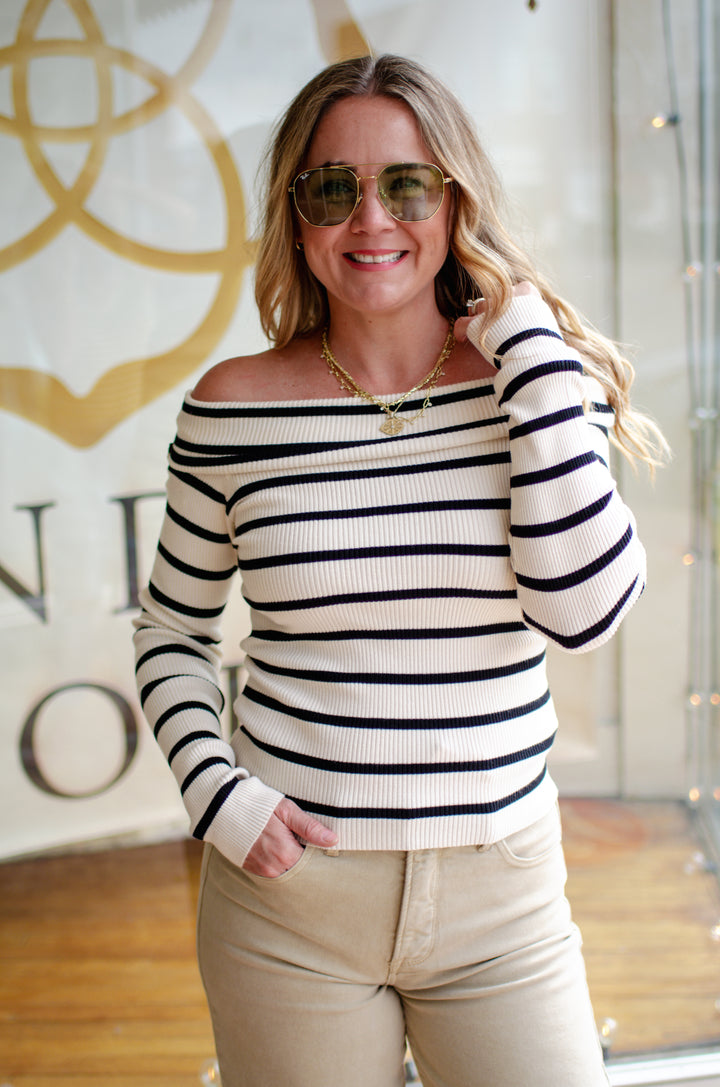 Classic Stripe Ribbed Off The Shoulder Sweater Top in Black & Cream