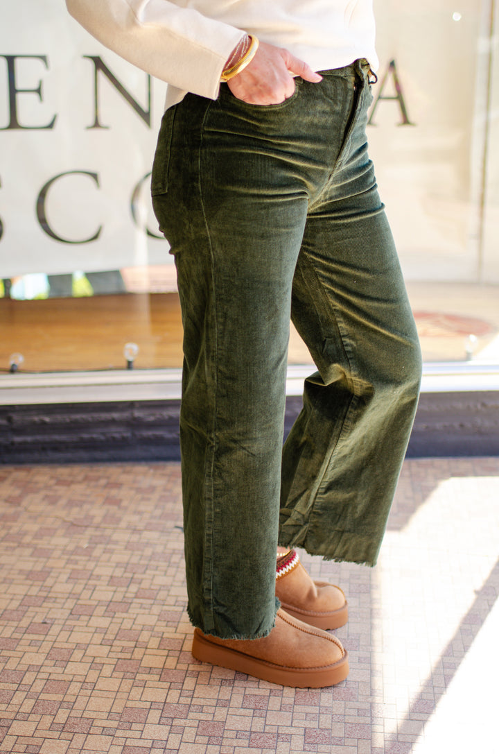 Fall Wishes Corduroy High Waist Wide Leg Pant in Olive