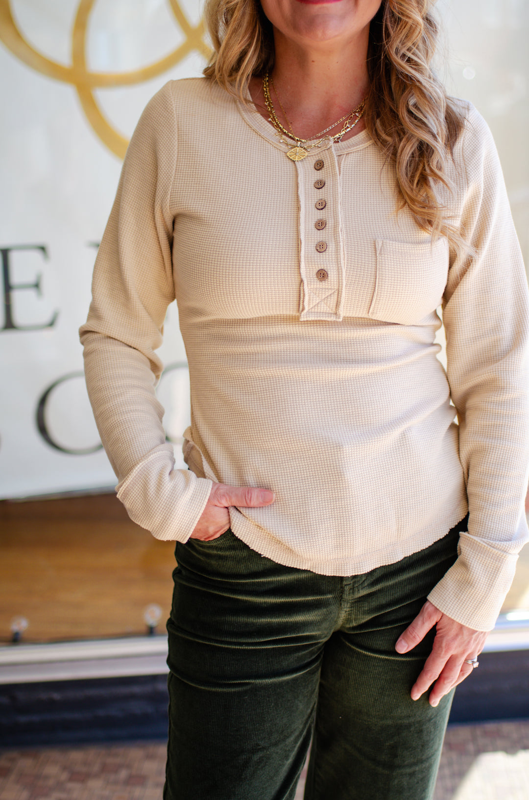 Style Essential Button Down Long Sleeve Waffled Top in Cream