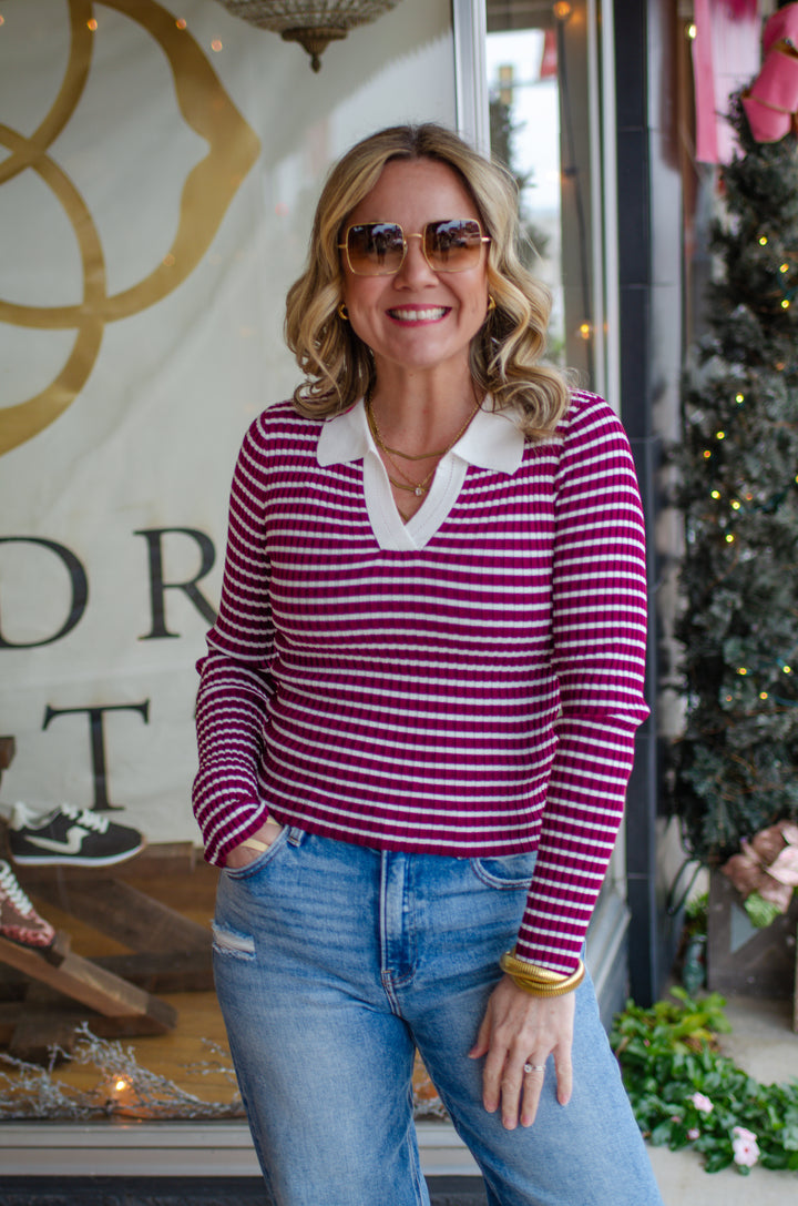 Take Heart Fitted Stripe Collared Long Sleeve in Wine & Ivory