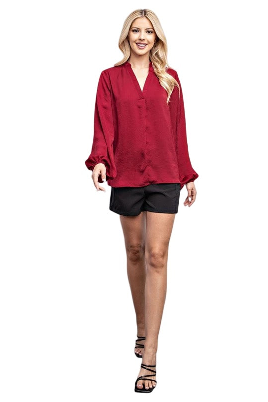 Heart of Mine Satin V-Neck Blouse in Wine