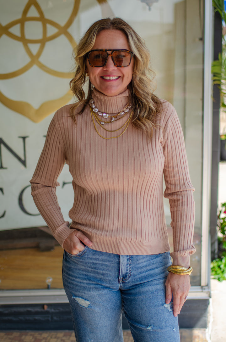 Fall Staple Mock Neck Ribbed Long Sleeve Top in Camel