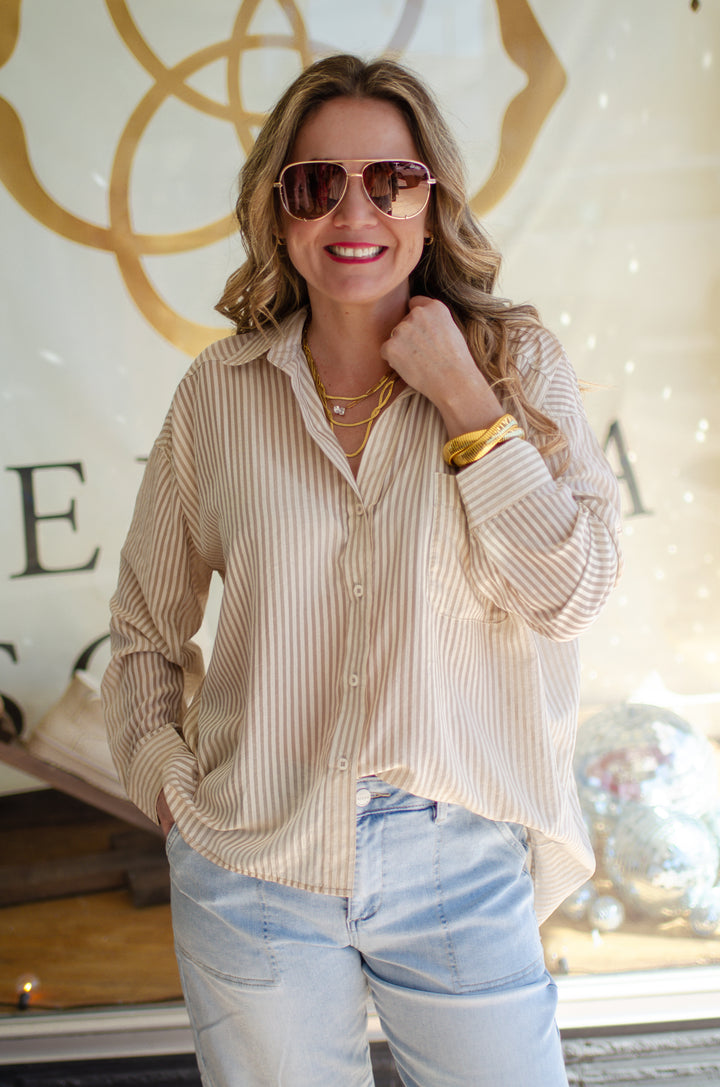 See Trough You Stripe Sheer Button Down Collared Top in Taupe