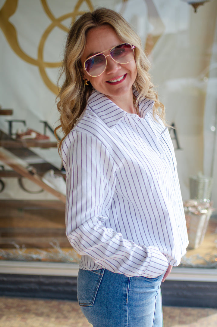 Sophisticated Stripe Button Down Collared White Blouse