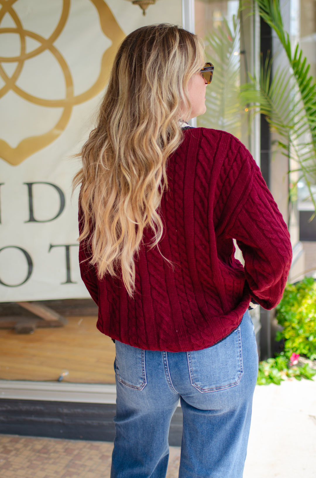 Burgundy Knit Varsity Button Down Sweater