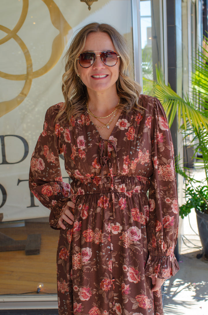 Fall Beauty Empire Waist Floral Maxi Dress in Brown