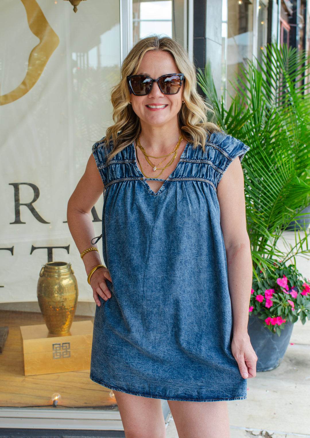 Take Your Time V-Neck Denim Ruched Dress in Medium