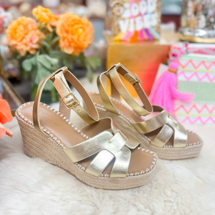 Make A Statement Gold Raffia Wedge