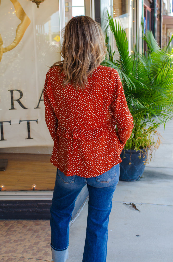 Fall Feels Polka Dot Rust Babydoll Long Sleeve Top