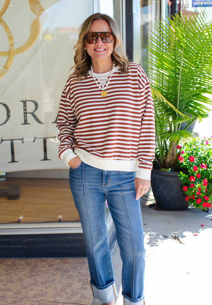 Cozy Casual Stripe Sweatshirt in Cream & Brown