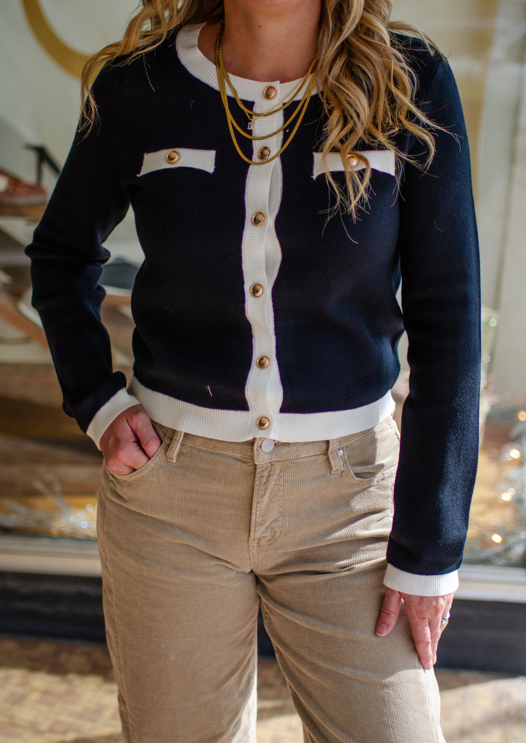 Classic Button Faux Button Down Sweater in Black