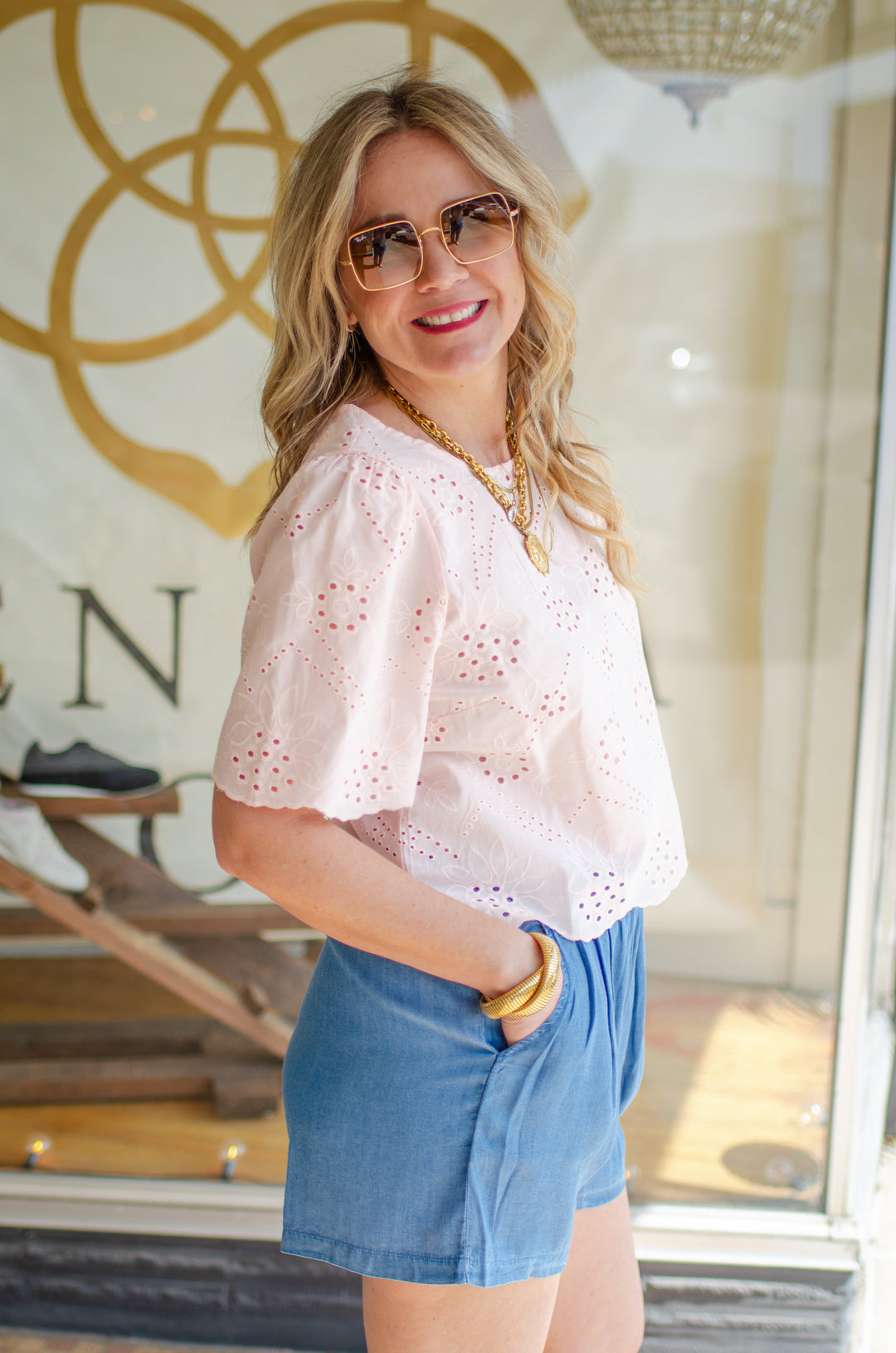 Charmed Eyelet Short Sleeve Top in Blush