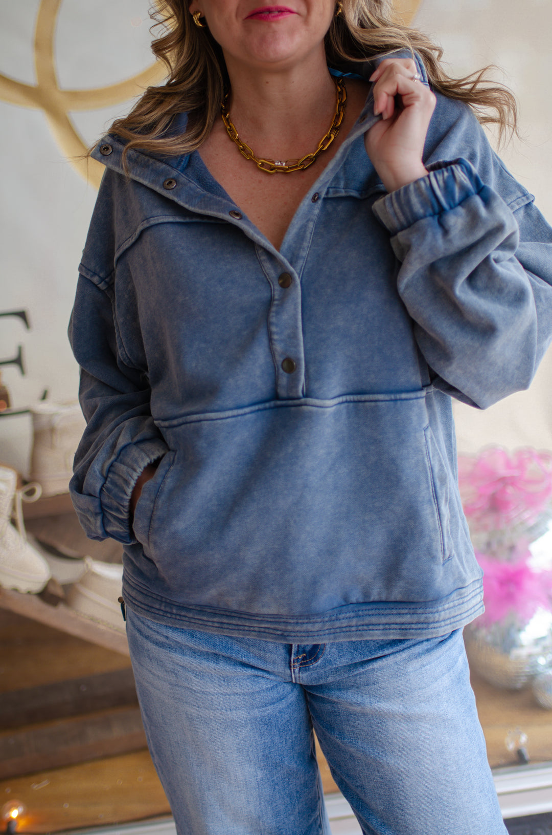 Take It Easy Mineral Washed Button Down Henley Sweatshirt Top in Denim Blue