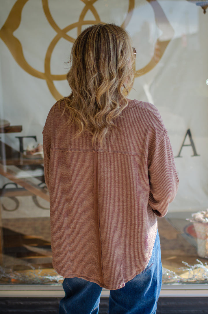 Our Love V-Neck Long Sleeve Side Cut Top in Mocha